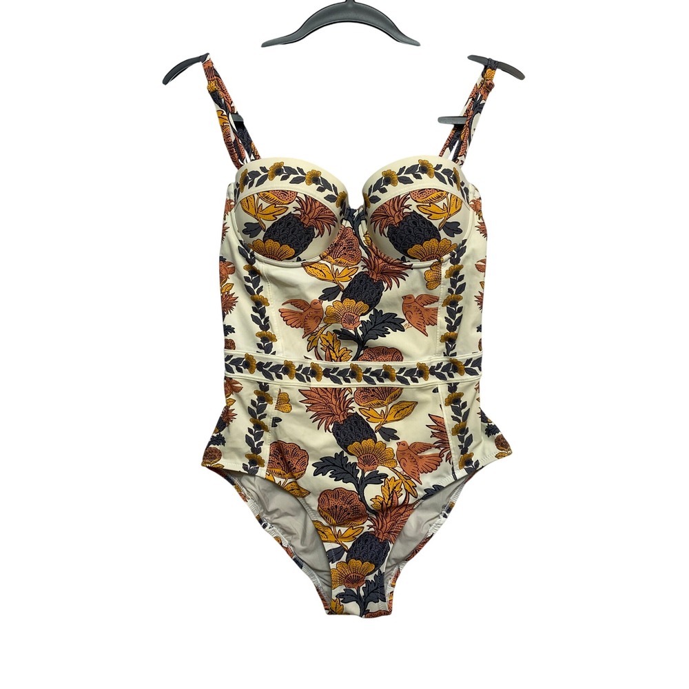Tory Burch Swimsuit Women Small Cream Underwire Tropical Bird Pineapple Print